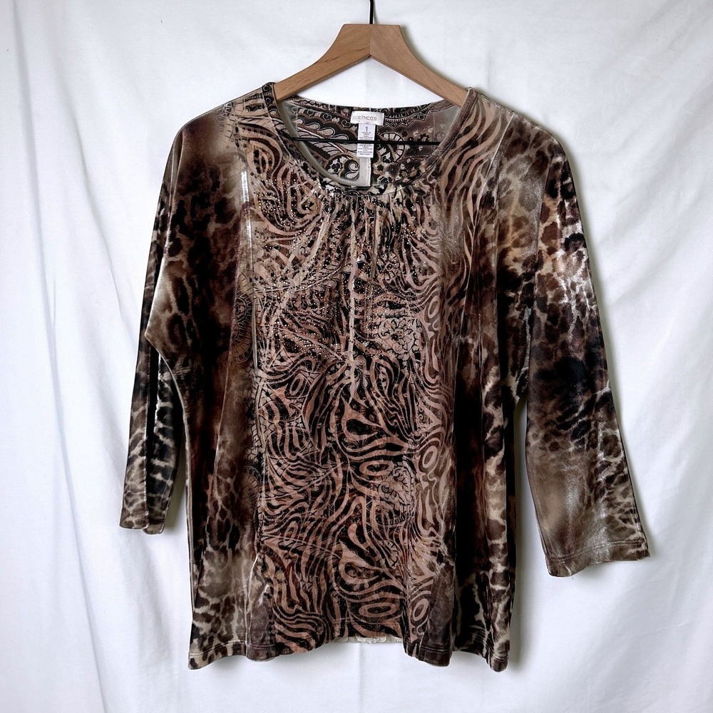 Chicos Women Top Brown Size 1 /M Animal Paisley Print Rhinestone Velvet Burnout
